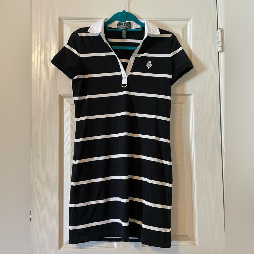 Ralph Lauren - Lauren Active Black & White Striped Mid-Length Collared Dress SM